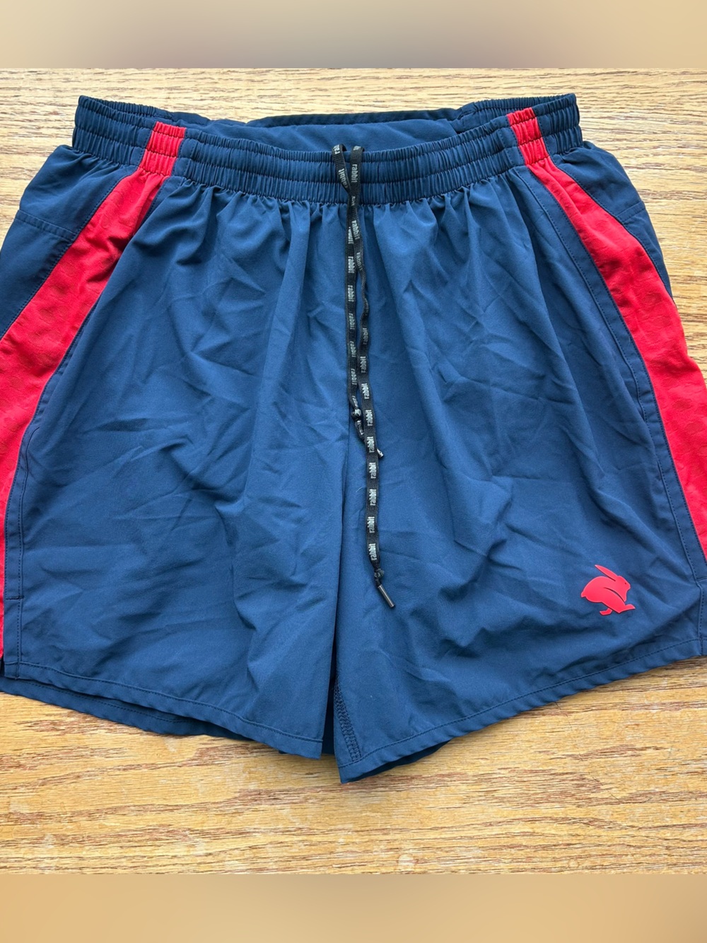 Women’s Rabbit Lined Running Shorts Sz M Kid Rise Navy Blue Red Drawstring